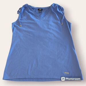 Jones New York Blue Sleeveless Knit Shirt Gathered Shoulder V Neck Sz 1X